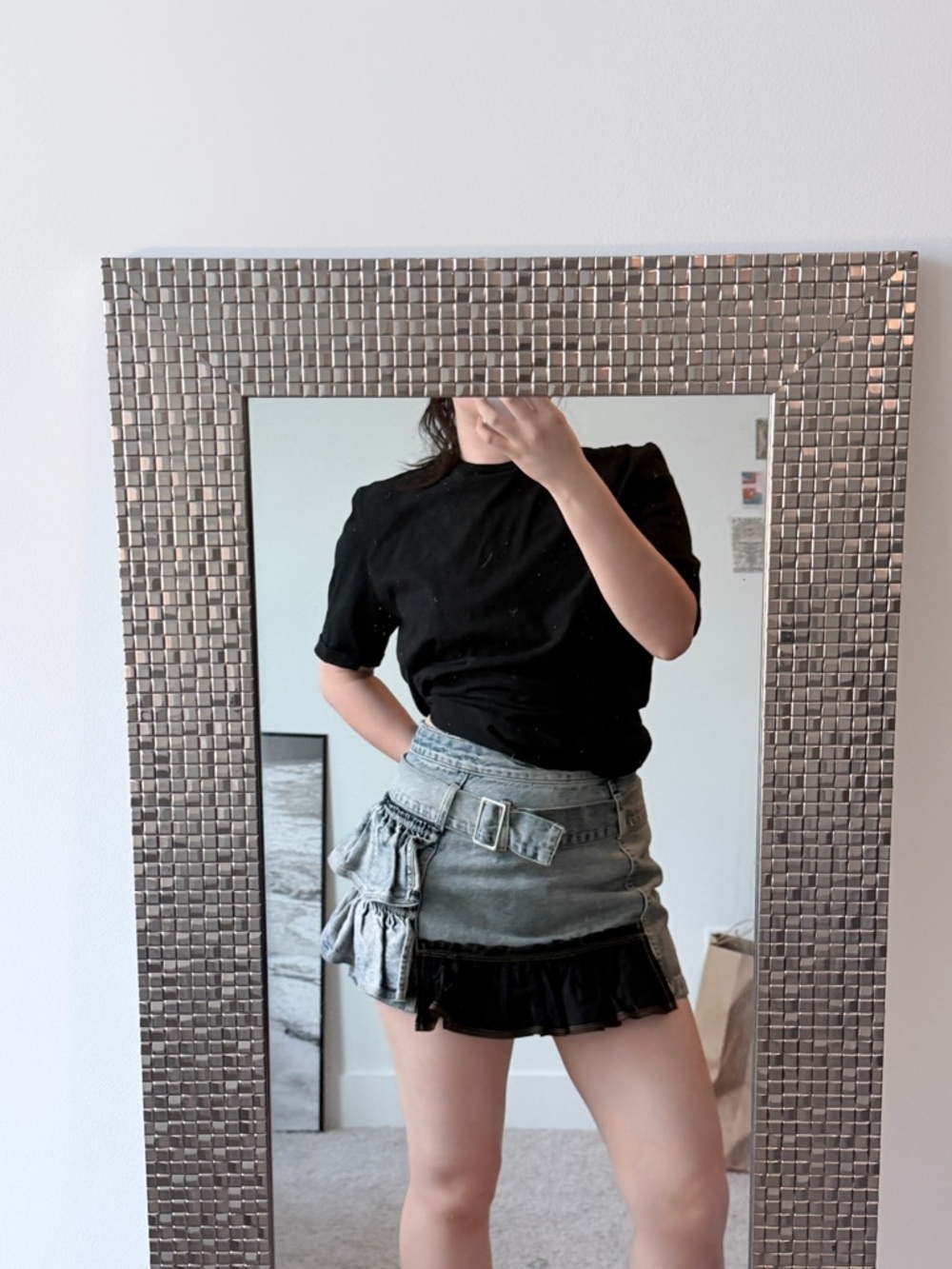 3.1 Phillip Lim Black Top with Light Blue Acid Wash Denim Skirt